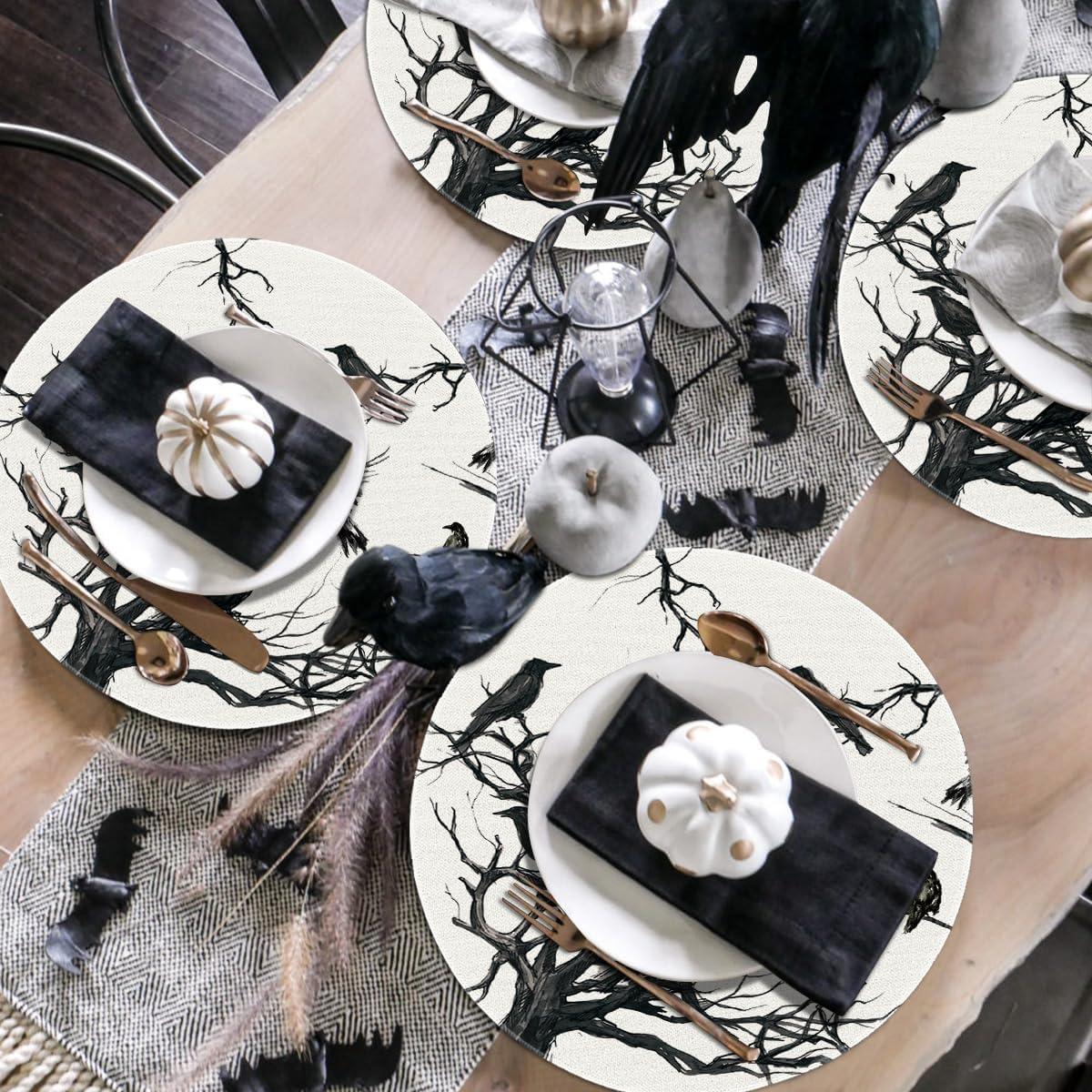 imageArtoid Mode Silhouette Tree Crows Halloween Round Placemats Set of 4 14 Inch Fall Round Table Mats for Dining DecorationBeigeBlack
