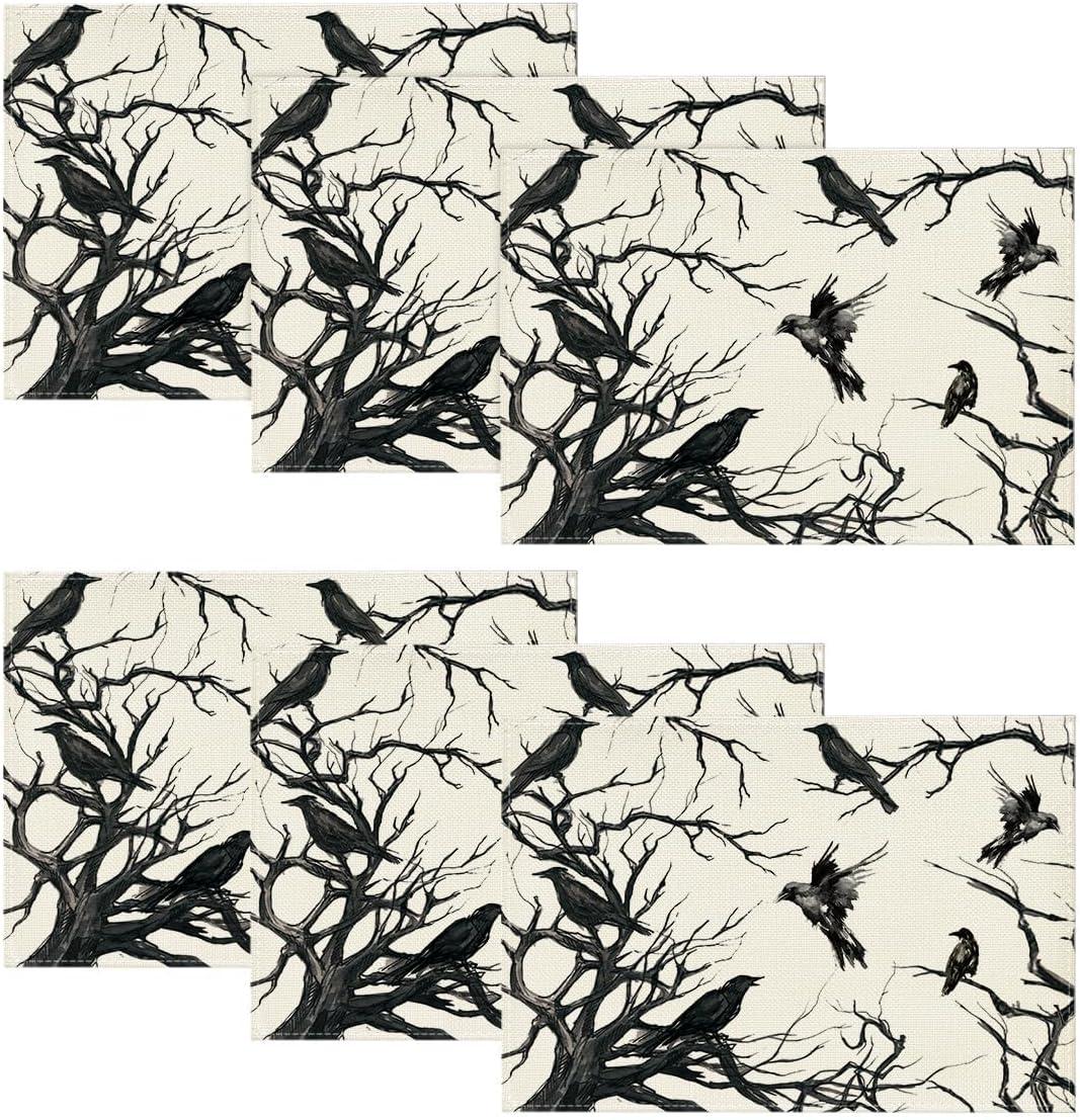 imageArtoid Mode Silhouette Tree Crows Halloween Round Placemats Set of 4 14 Inch Fall Round Table Mats for Dining DecorationBeigeBlack