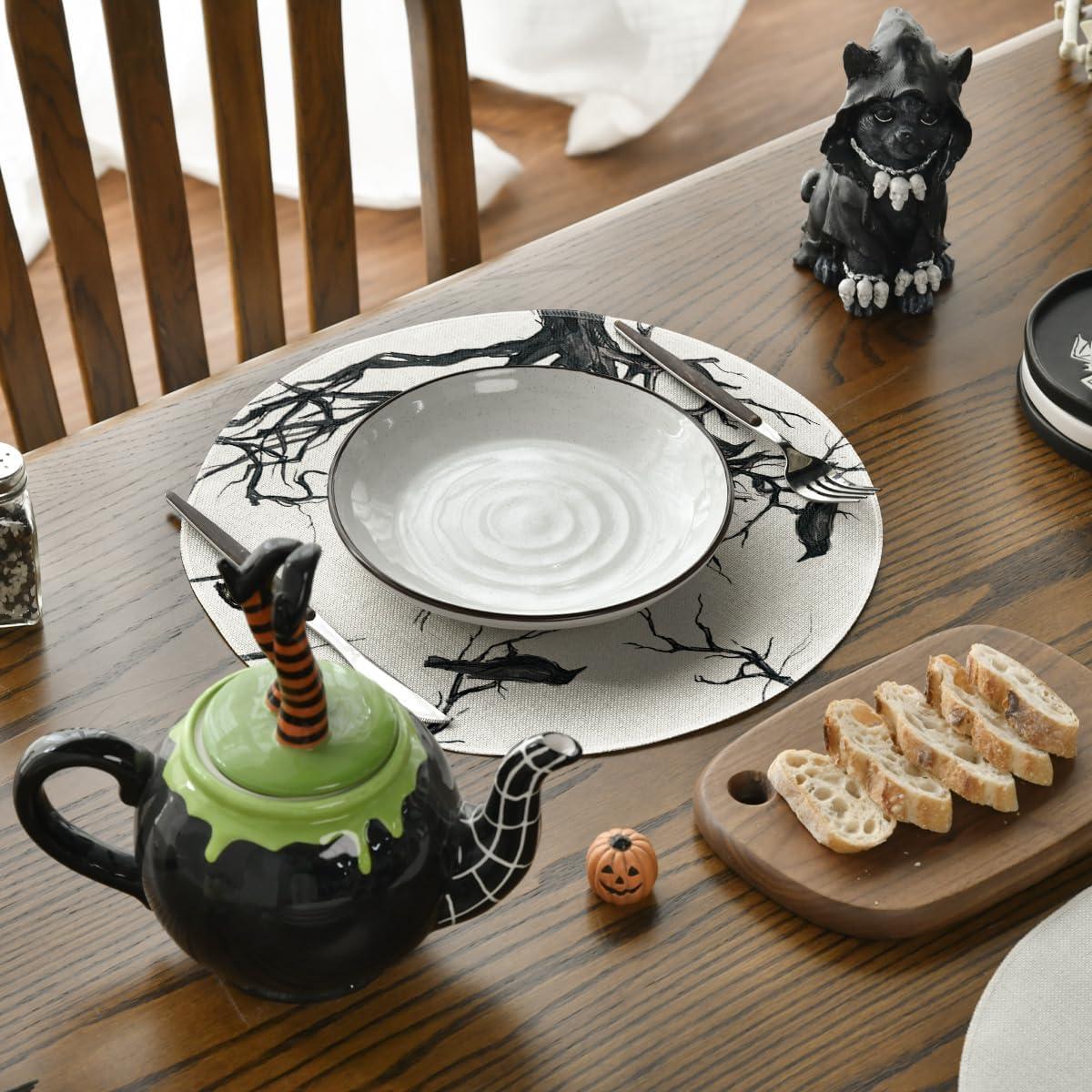 imageArtoid Mode Silhouette Tree Crows Halloween Round Placemats Set of 4 14 Inch Fall Round Table Mats for Dining DecorationBeigeBlack