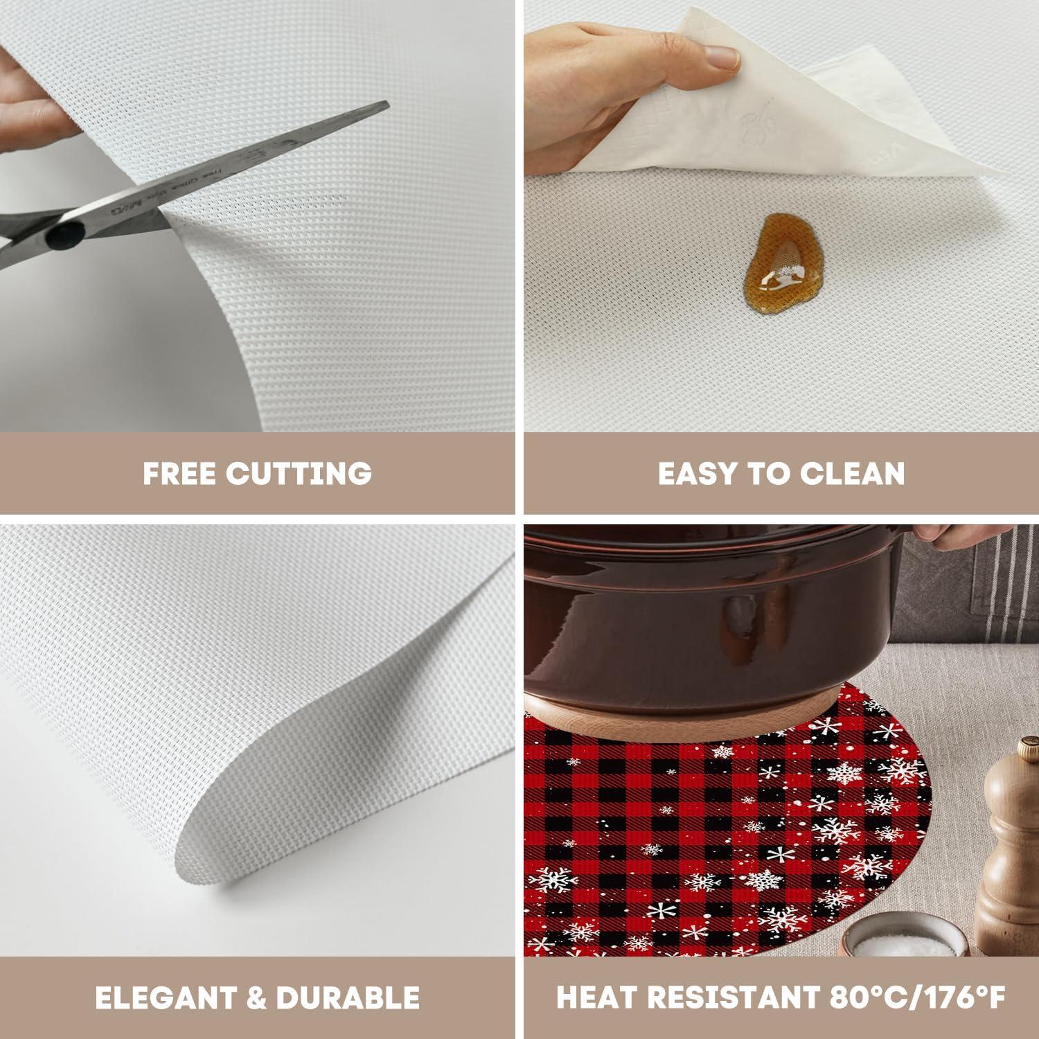 imageArtoid Mode Snowflakes Red and Black Buffalo Plaid Vinyl Round Placemats Set of 4 15 Inch Wipeable PVC Woven Table Mats for Party Kitchen Dining Decor