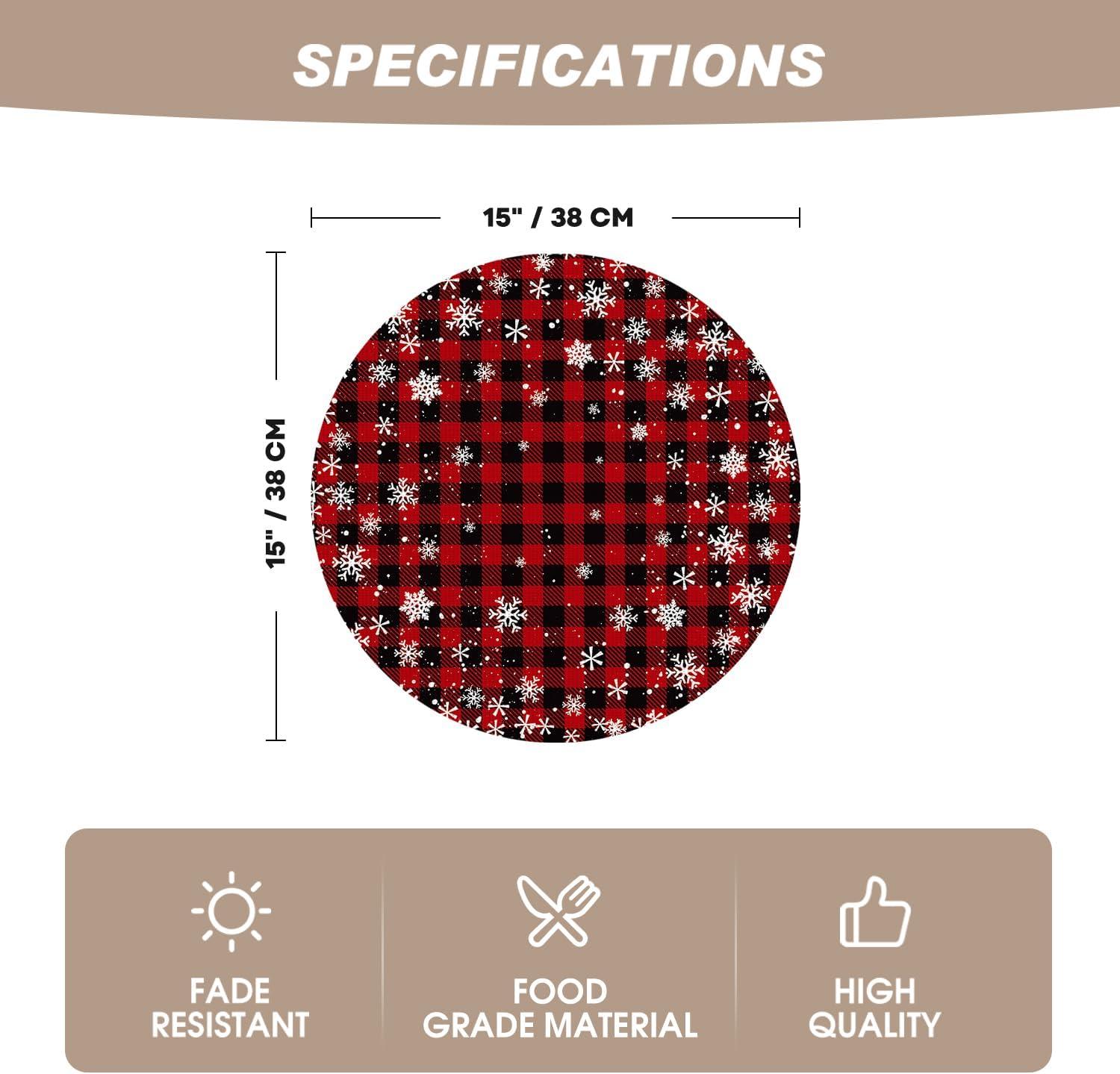 imageArtoid Mode Snowflakes Red and Black Buffalo Plaid Vinyl Round Placemats Set of 4 15 Inch Wipeable PVC Woven Table Mats for Party Kitchen Dining Decor