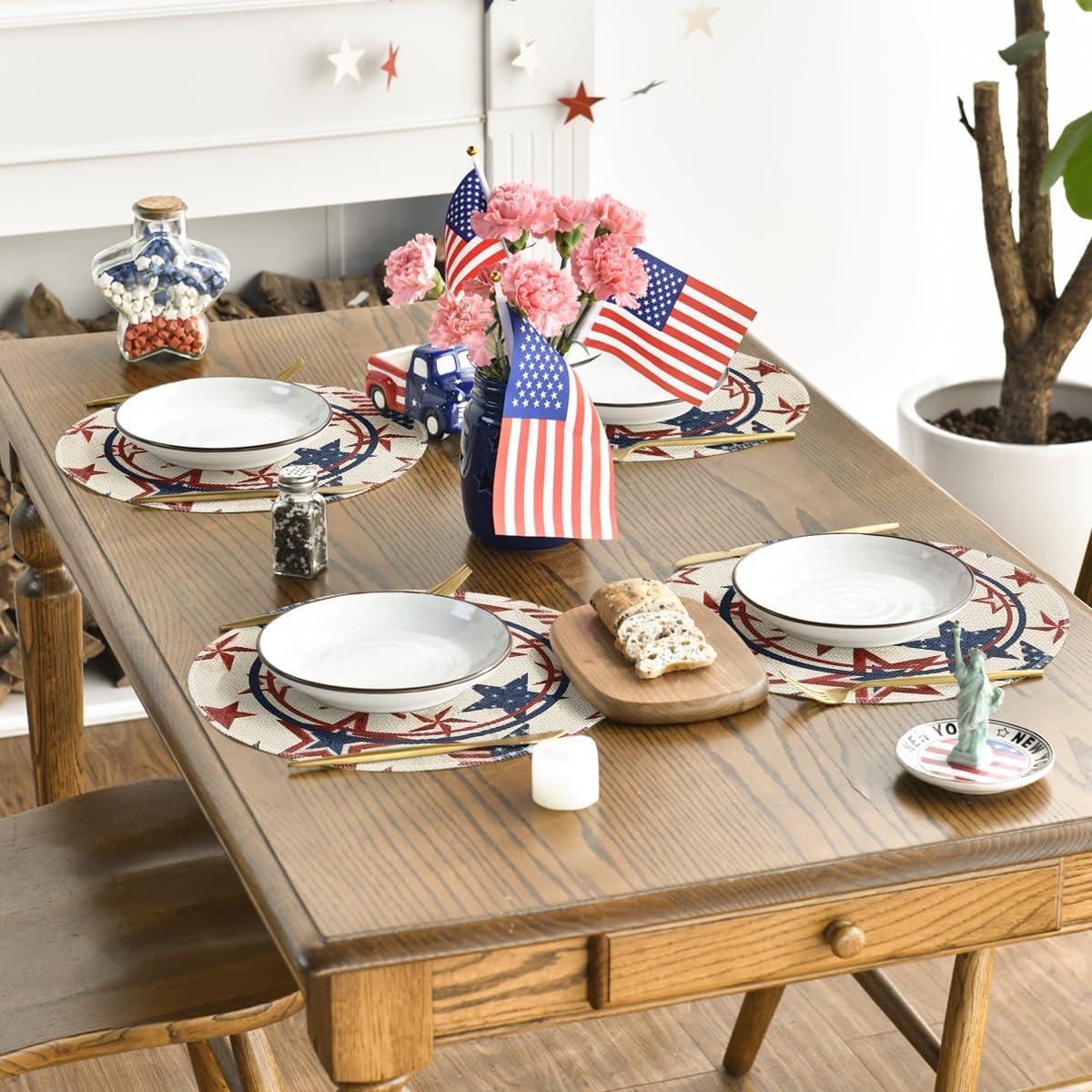 imageArtoid Mode Stars Stripes Patriotic 4th of July Placemats Set of 4 12x18 Inch Memorial Day Table Mats for Party Kitchen Dining Decoration BeigeBeige