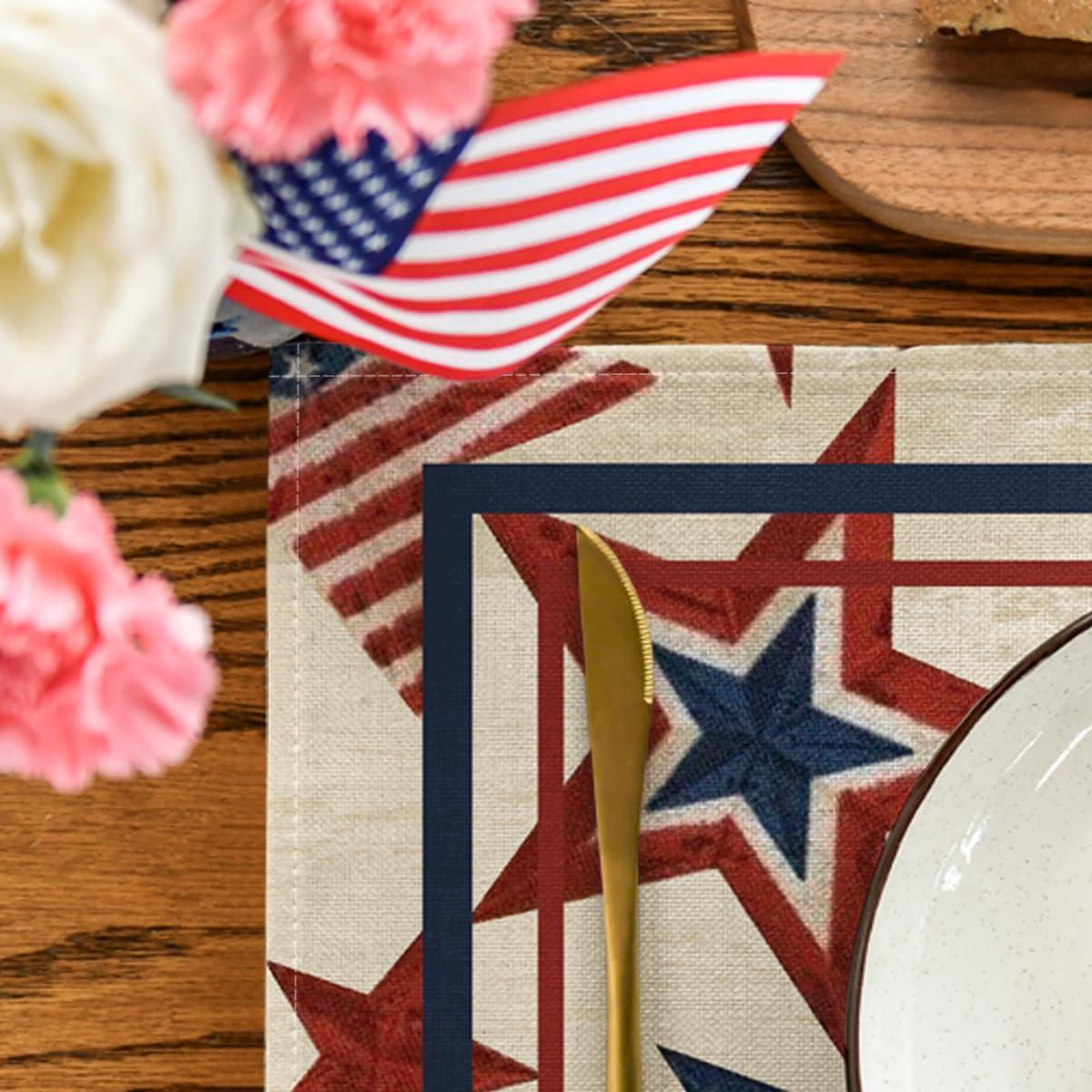 imageArtoid Mode Stars Stripes Patriotic 4th of July Placemats Set of 4 12x18 Inch Memorial Day Table Mats for Party Kitchen Dining Decoration BeigeBeige