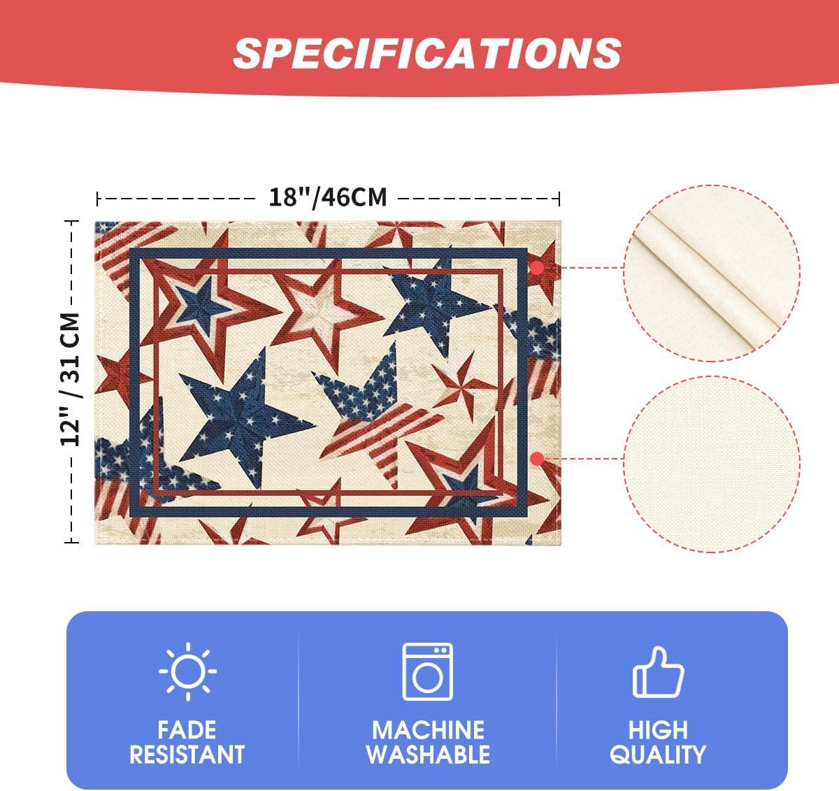 imageArtoid Mode Stars Stripes Patriotic 4th of July Placemats Set of 4 12x18 Inch Memorial Day Table Mats for Party Kitchen Dining Decoration BeigeBeige