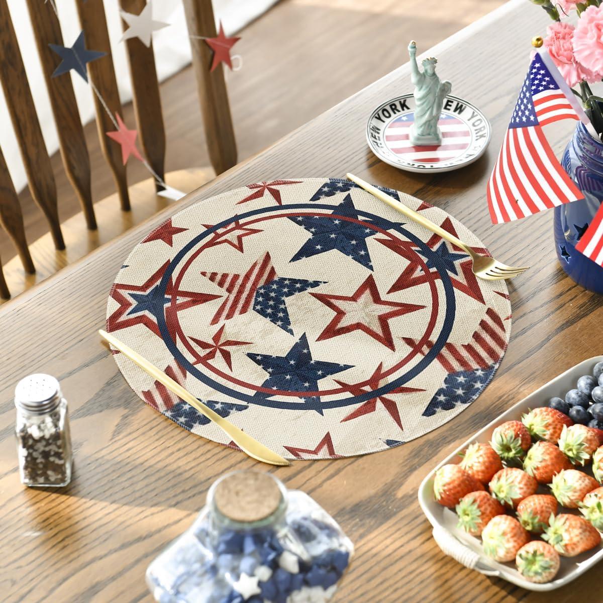 imageArtoid Mode Stars Stripes Patriotic 4th of July Placemats Set of 4 12x18 Inch Memorial Day Table Mats for Party Kitchen Dining Decoration BeigeBeige