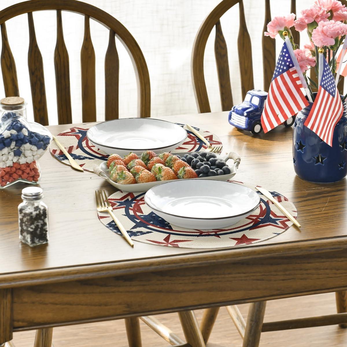 imageArtoid Mode Stars Stripes Patriotic 4th of July Placemats Set of 4 12x18 Inch Memorial Day Table Mats for Party Kitchen Dining Decoration BeigeBeige