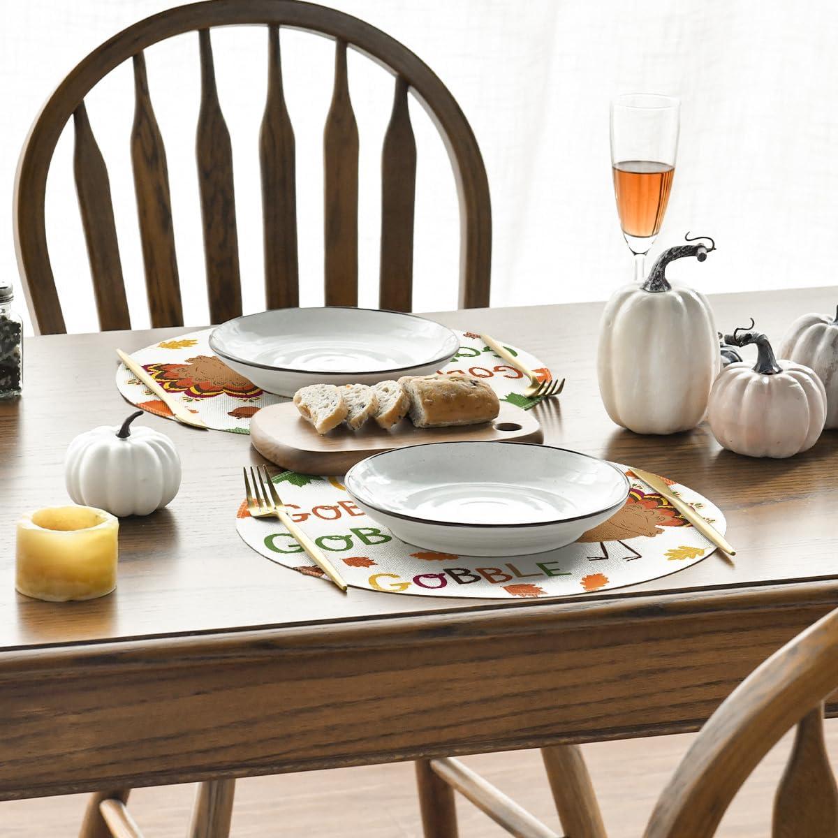 imageArtoid Mode Turkey Gobble Thanksgiving Placemats Set of 6 12x18 Inch Maple Leaves Fall Table Mats for Outdoor Home Party Kitchen Dining DecorationBeige