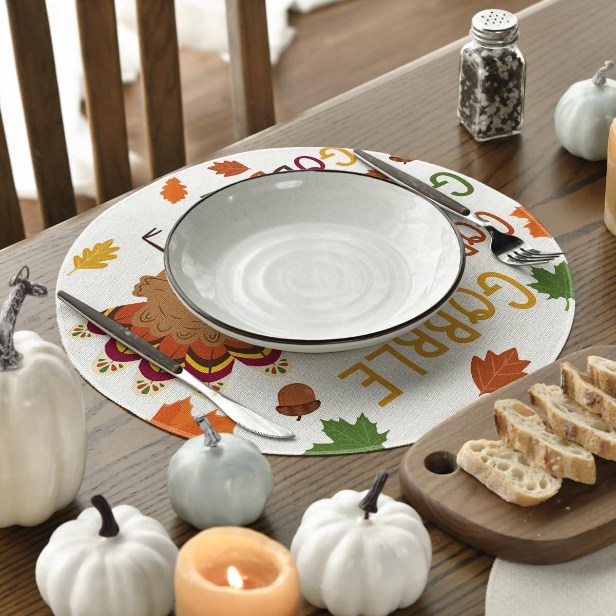 imageArtoid Mode Turkey Gobble Thanksgiving Placemats Set of 6 12x18 Inch Maple Leaves Fall Table Mats for Outdoor Home Party Kitchen Dining DecorationBeige