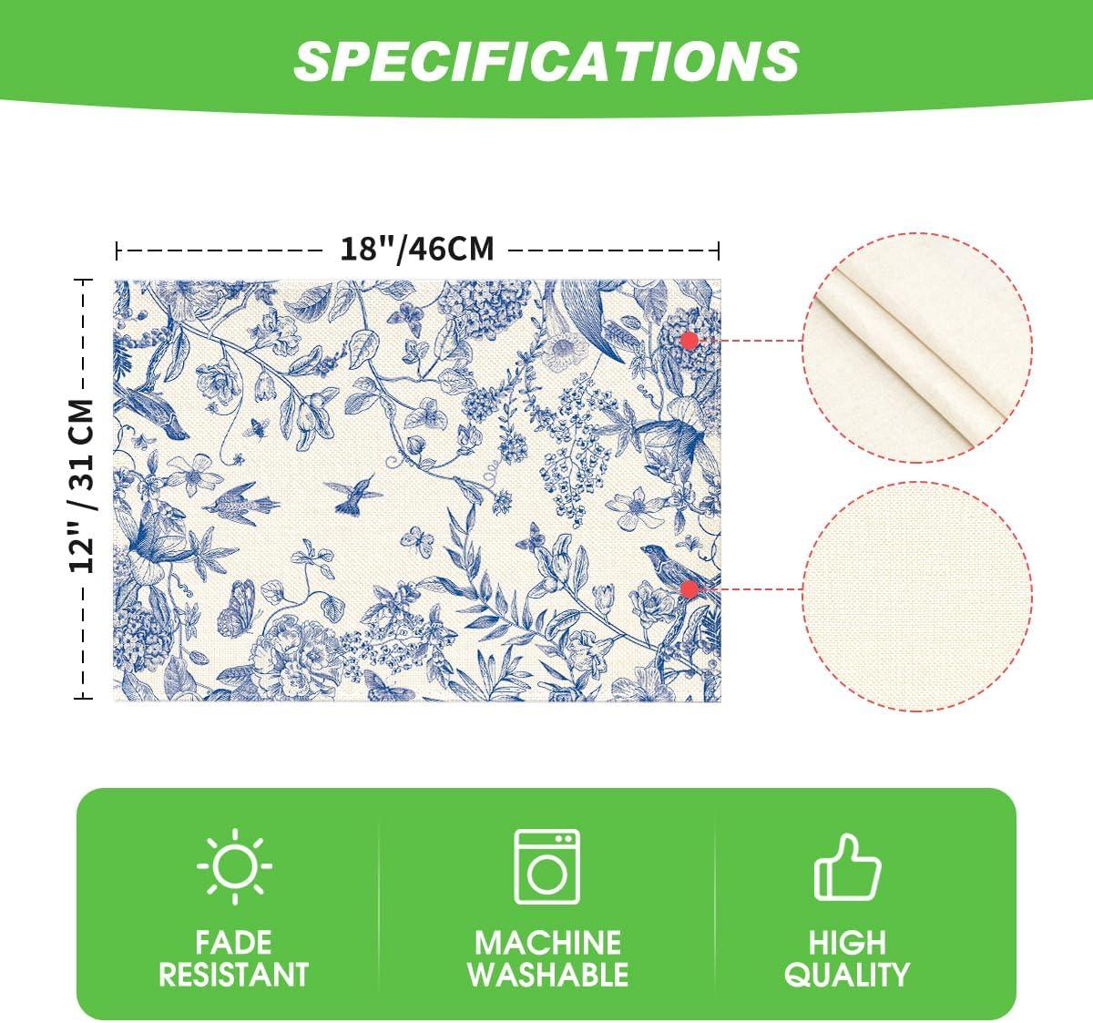 imageArtoid Mode Watercolor Flowers Branches Chinoiserie Spring Placemats Set of 4 14 Inch Round Table Mats for Dining DecorationBlue