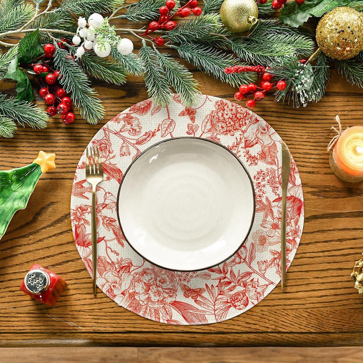 imageArtoid Mode Watercolor Flowers Branches Chinoiserie Spring Placemats Set of 4 14 Inch Round Table Mats for Dining DecorationOrange Red