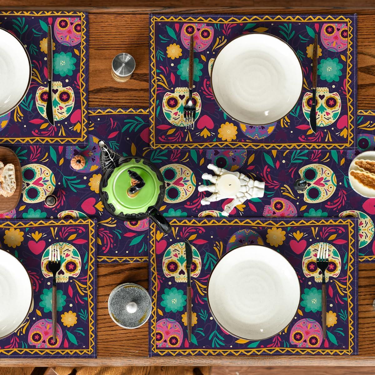 imageArtoid Mode Watercolor Marigolds Skull Day of The Dead Placemats Set of 6 12x18 Inch Seasonal Table Mats for Party Kitchen Dining DecorationPurple