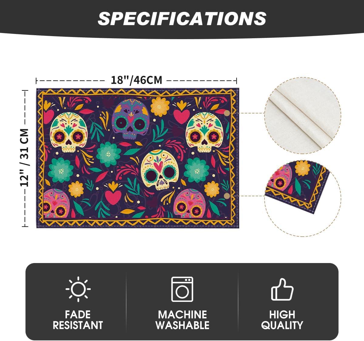 imageArtoid Mode Watercolor Marigolds Skull Day of The Dead Placemats Set of 6 12x18 Inch Seasonal Table Mats for Party Kitchen Dining DecorationPurple