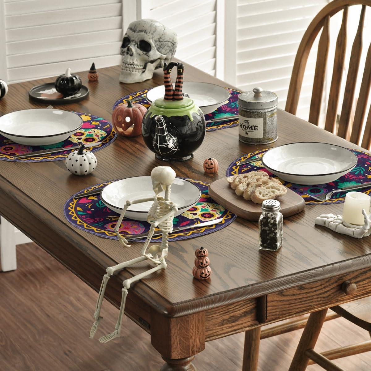 imageArtoid Mode Watercolor Marigolds Skull Day of The Dead Placemats Set of 6 12x18 Inch Seasonal Table Mats for Party Kitchen Dining DecorationPurple