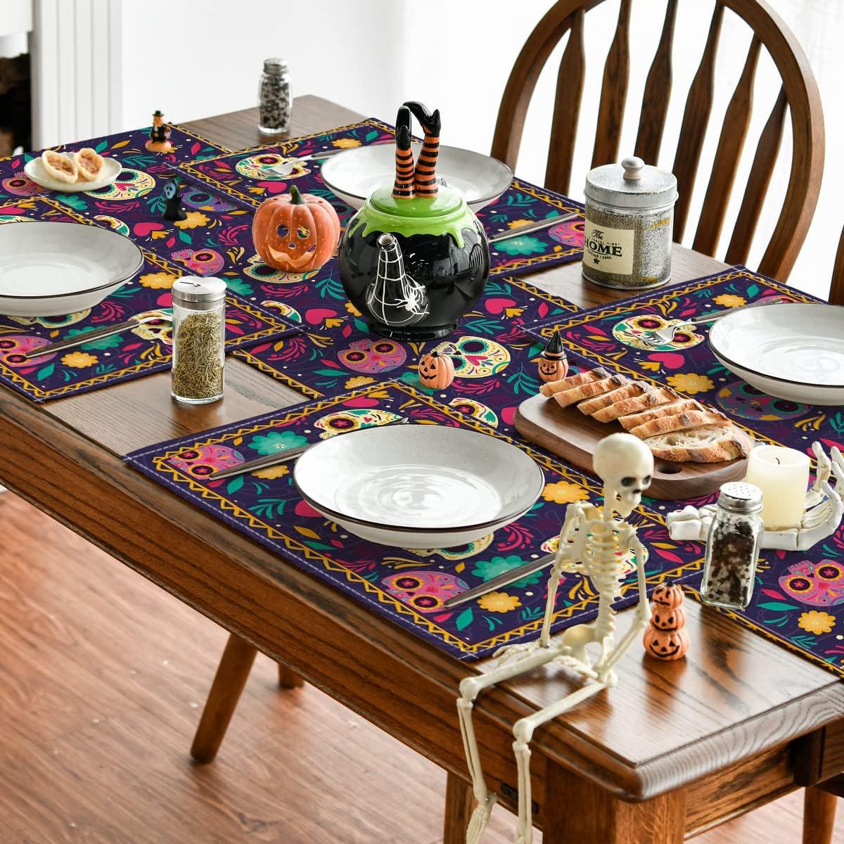 imageArtoid Mode Watercolor Marigolds Skull Day of The Dead Placemats Set of 6 12x18 Inch Seasonal Table Mats for Party Kitchen Dining DecorationPurple