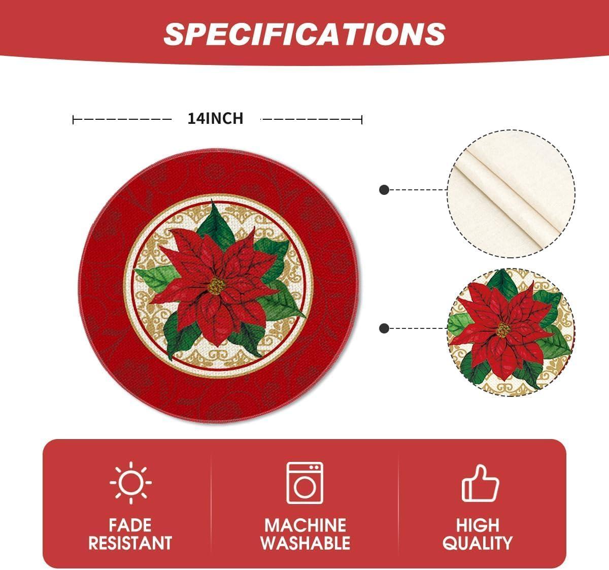 imageArtoid Mode Watercolor Poinsettia Red Christmas Round Placemats Set of 4 15 Inch Winter Xmas Holiday Round Table Mats for Dining DecorationRed