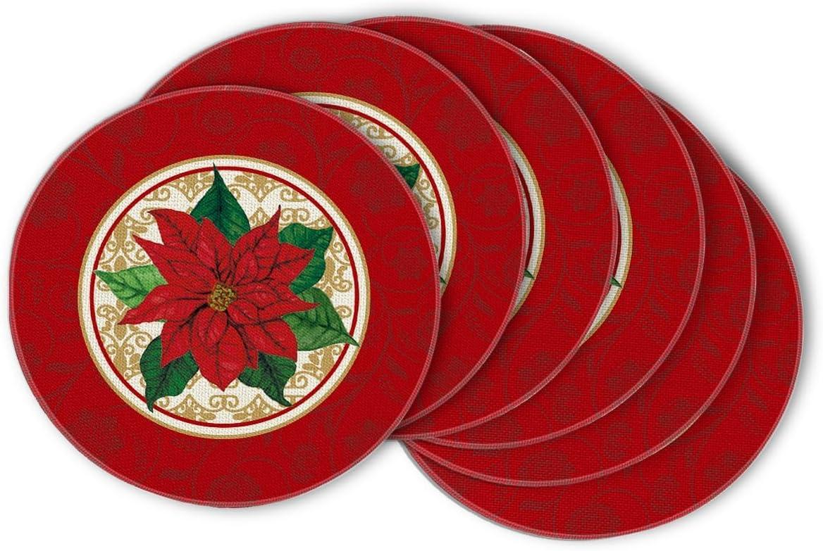 imageArtoid Mode Watercolor Poinsettia Red Christmas Round Placemats Set of 4 15 Inch Winter Xmas Holiday Round Table Mats for Dining DecorationRed