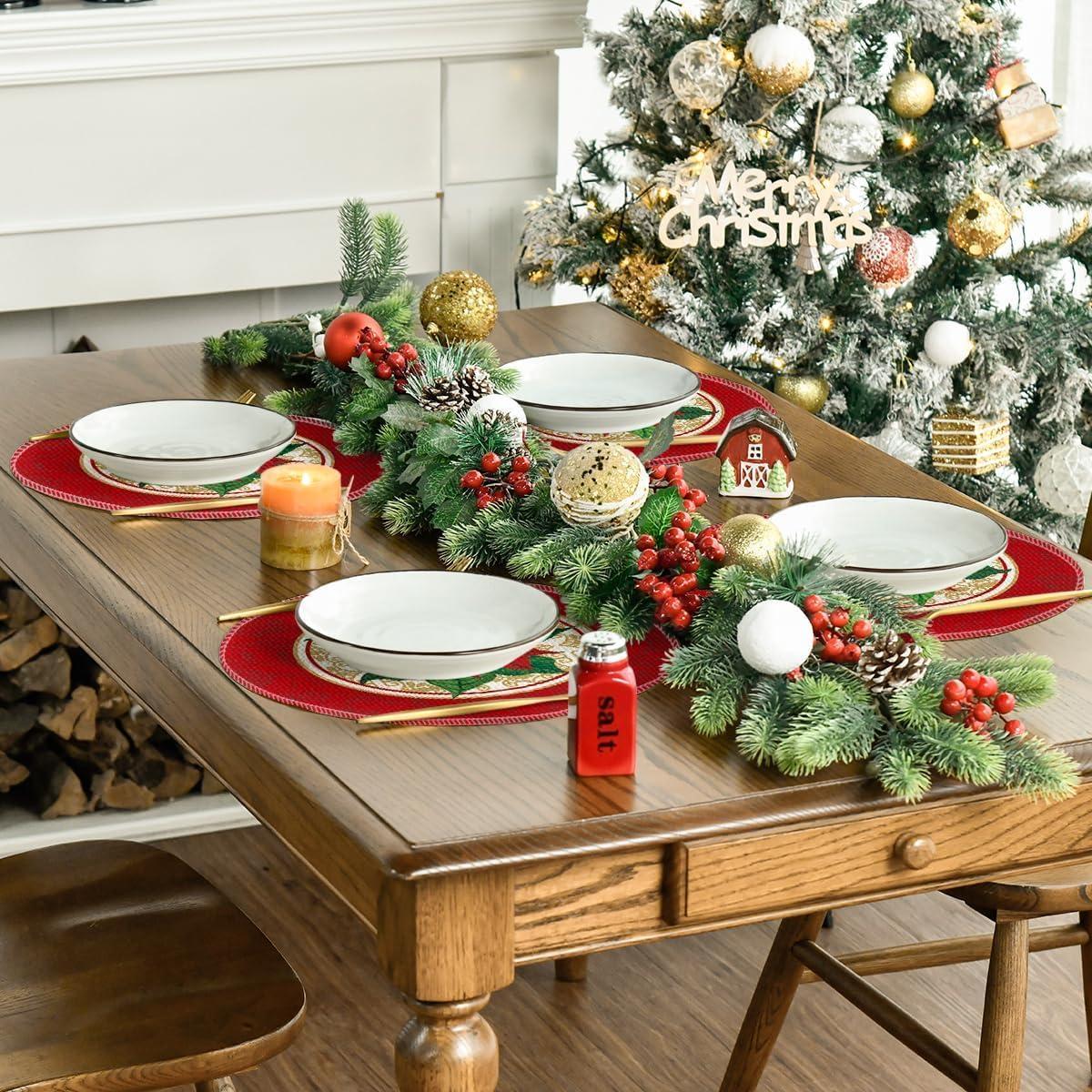 imageArtoid Mode Watercolor Poinsettia Red Christmas Round Placemats Set of 4 15 Inch Winter Xmas Holiday Round Table Mats for Dining DecorationRed