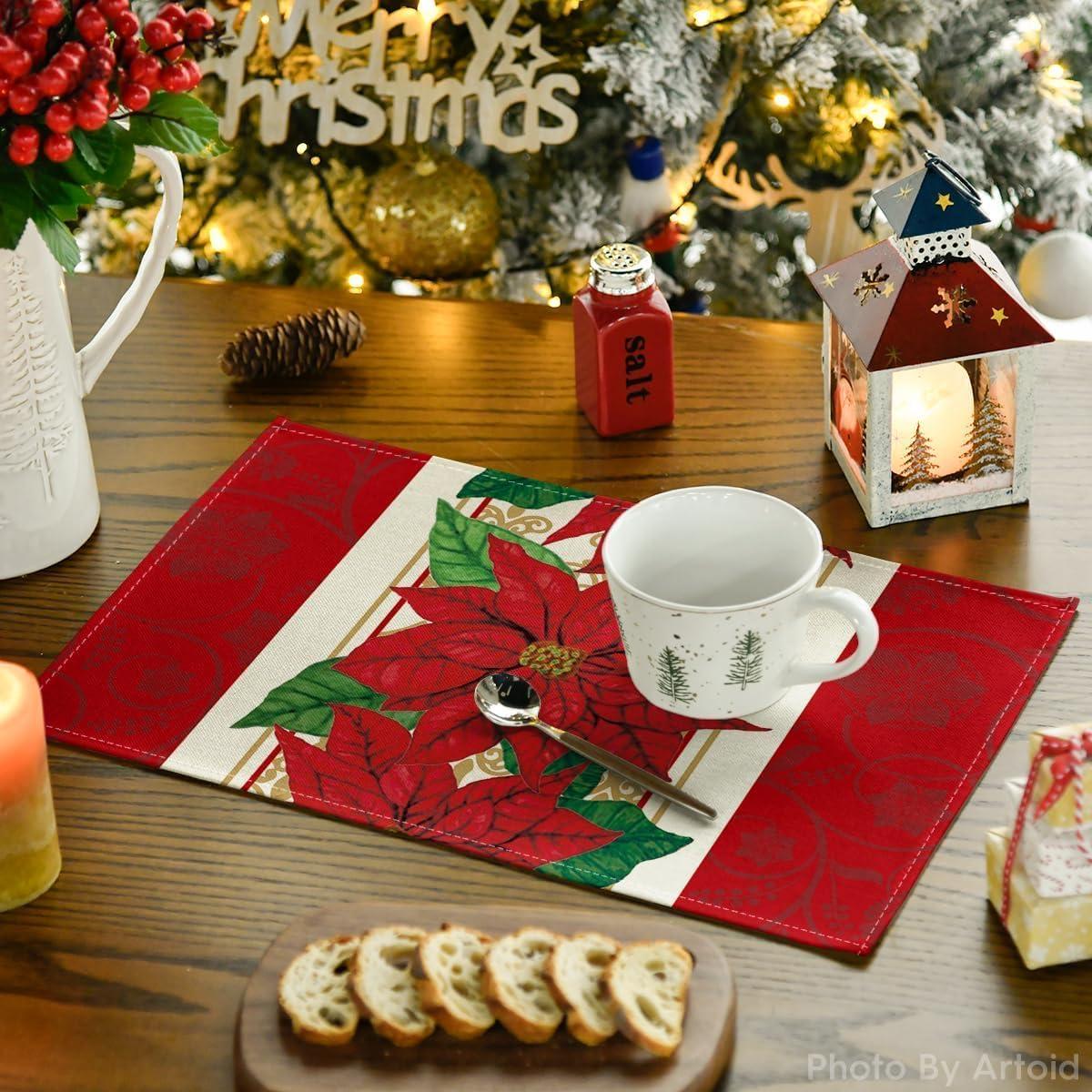 imageArtoid Mode Watercolor Poinsettia Red Christmas Round Placemats Set of 4 15 Inch Winter Xmas Holiday Round Table Mats for Dining DecorationRed