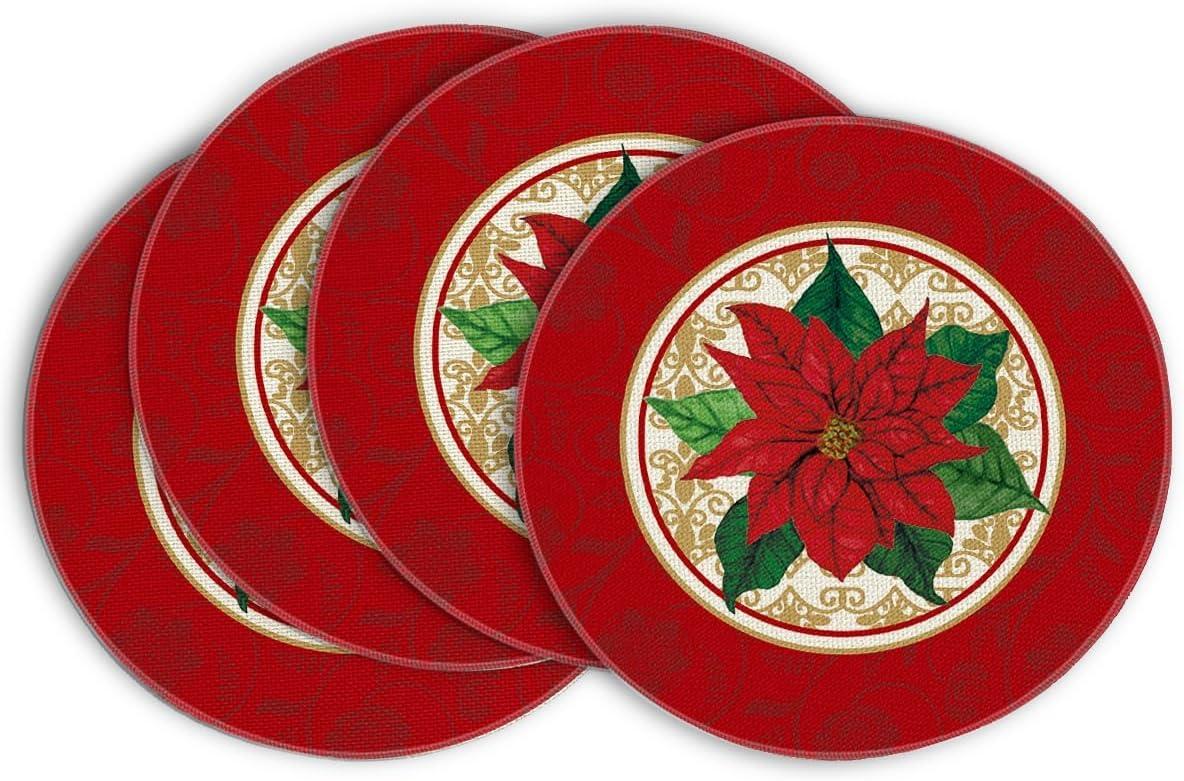 imageArtoid Mode Watercolor Poinsettia Red Christmas Round Placemats Set of 4 15 Inch Winter Xmas Holiday Round Table Mats for Dining DecorationRed