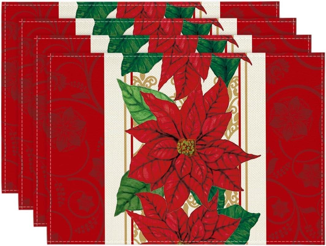 imageArtoid Mode Watercolor Poinsettia Red Christmas Round Placemats Set of 4 15 Inch Winter Xmas Holiday Round Table Mats for Dining DecorationRed