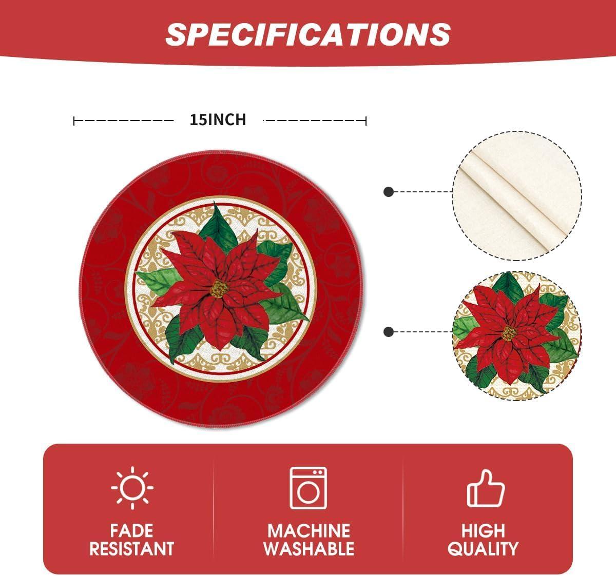 imageArtoid Mode Watercolor Poinsettia Red Christmas Round Placemats Set of 4 15 Inch Winter Xmas Holiday Round Table Mats for Dining DecorationRed