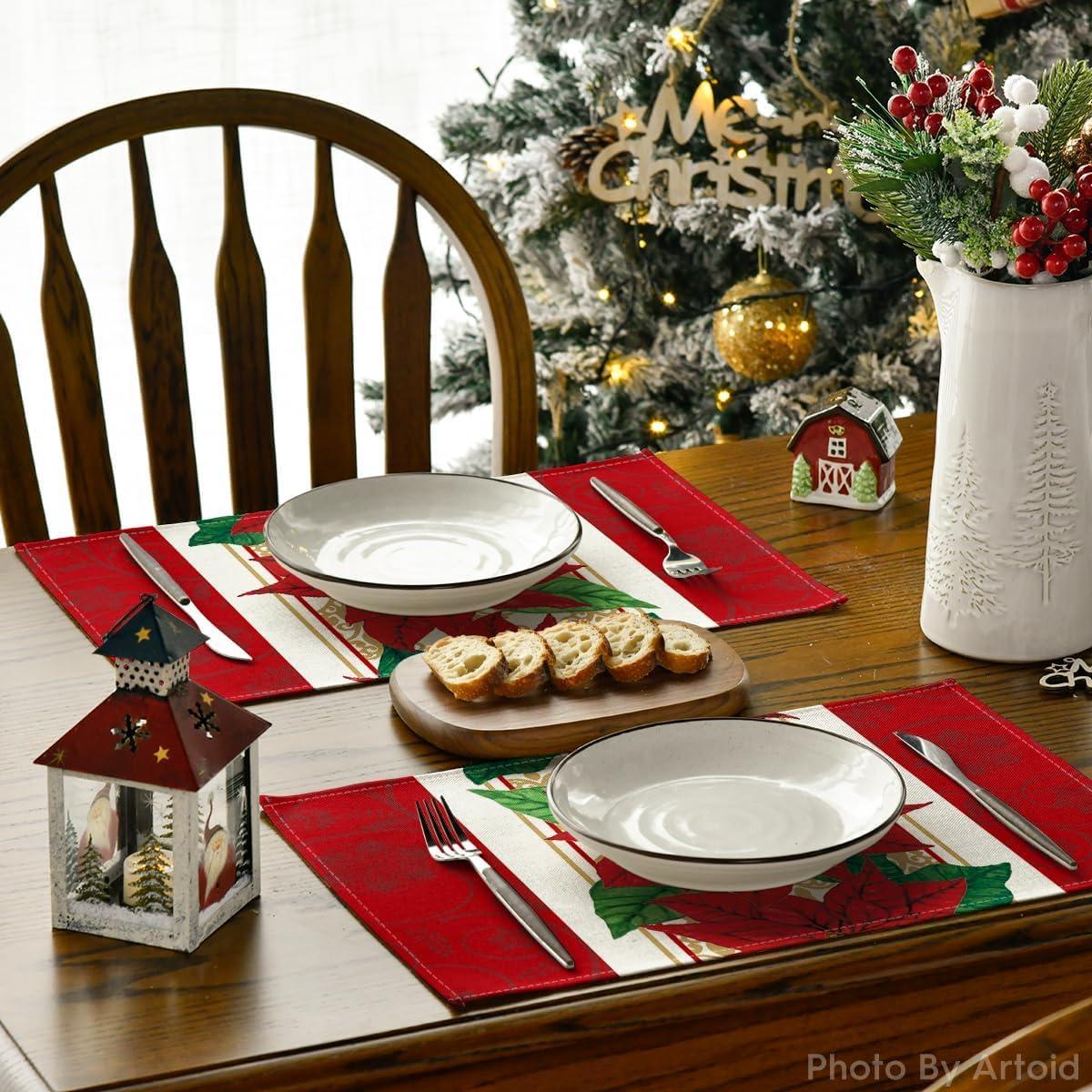 imageArtoid Mode Watercolor Poinsettia Red Christmas Round Placemats Set of 4 15 Inch Winter Xmas Holiday Round Table Mats for Dining DecorationRed