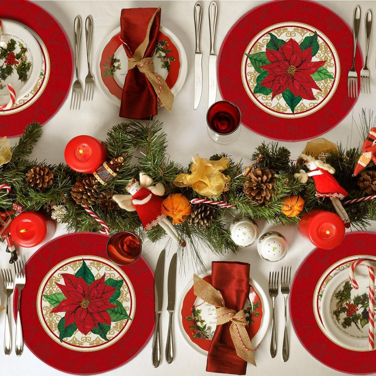 imageArtoid Mode Watercolor Poinsettia Red Christmas Round Placemats Set of 4 15 Inch Winter Xmas Holiday Round Table Mats for Dining DecorationRed