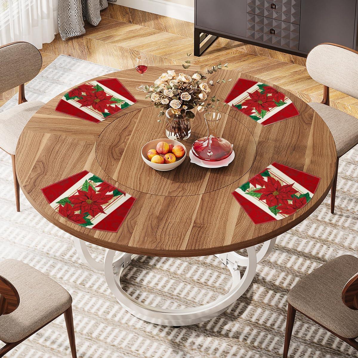 imageArtoid Mode Watercolor Poinsettia Red Christmas Round Placemats Set of 4 15 Inch Winter Xmas Holiday Round Table Mats for Dining DecorationRed