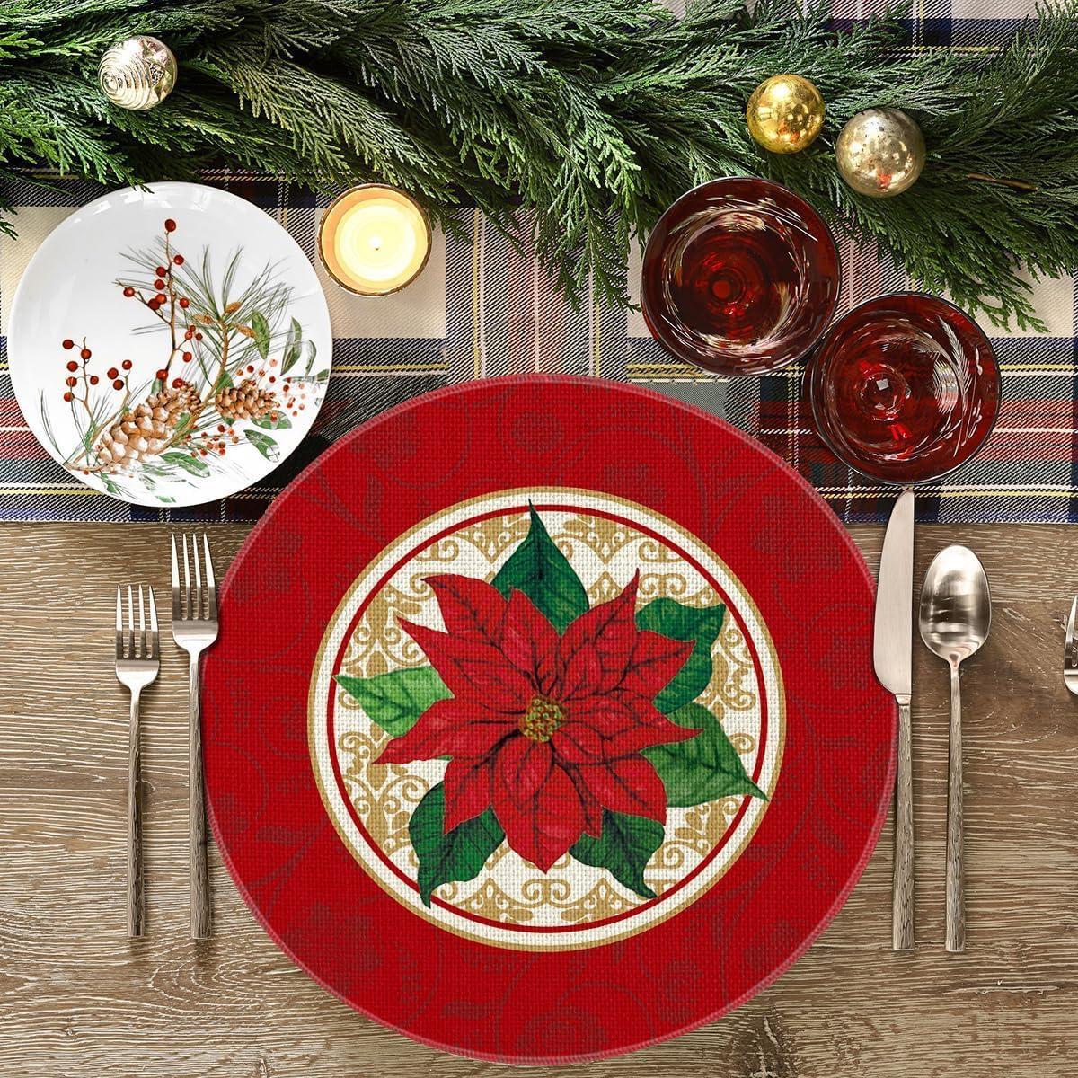 imageArtoid Mode Watercolor Poinsettia Red Christmas Round Placemats Set of 4 15 Inch Winter Xmas Holiday Round Table Mats for Dining DecorationRed