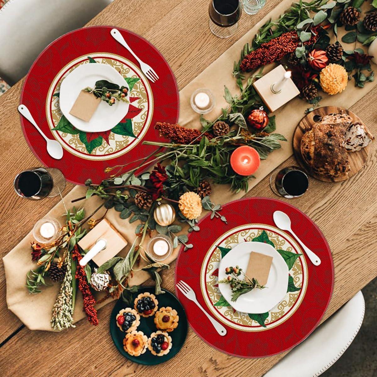 imageArtoid Mode Watercolor Poinsettia Red Christmas Round Placemats Set of 4 15 Inch Winter Xmas Holiday Round Table Mats for Dining DecorationRed