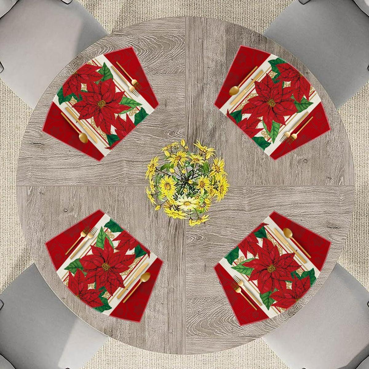imageArtoid Mode Watercolor Poinsettia Red Christmas Round Placemats Set of 4 15 Inch Winter Xmas Holiday Round Table Mats for Dining DecorationRed