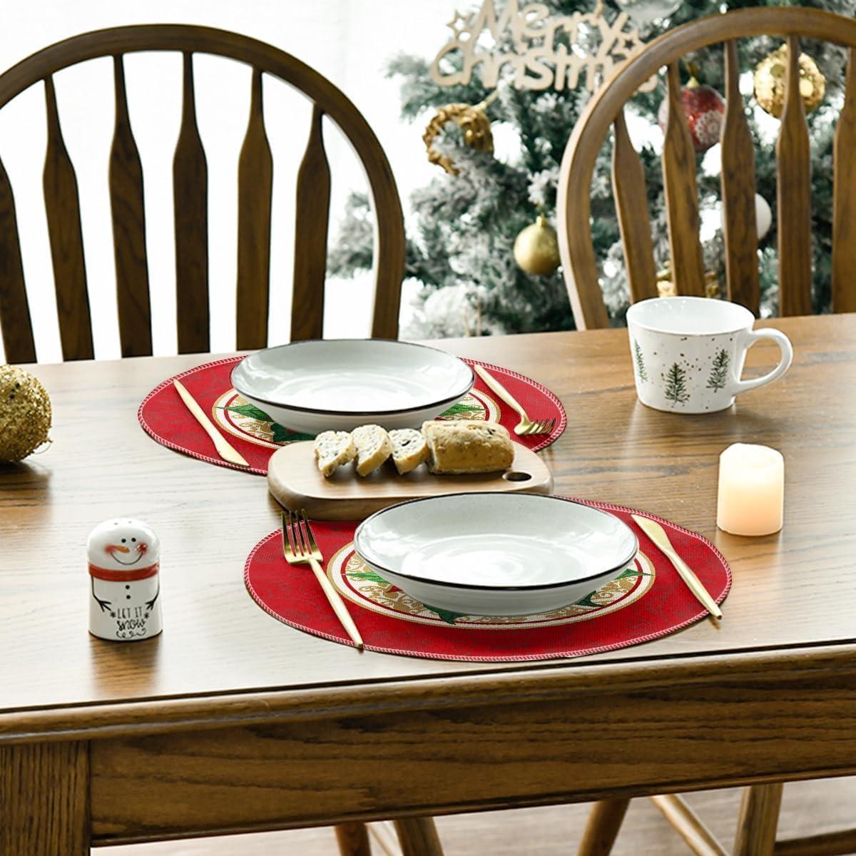 imageArtoid Mode Watercolor Poinsettia Red Christmas Round Placemats Set of 4 15 Inch Winter Xmas Holiday Round Table Mats for Dining DecorationRed