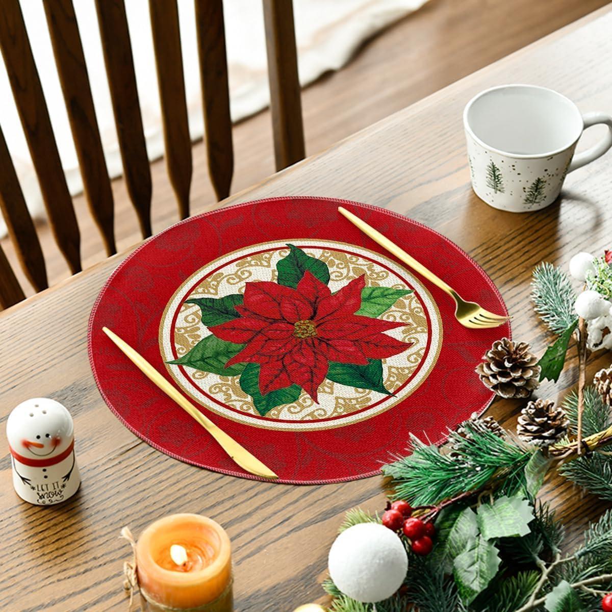 imageArtoid Mode Watercolor Poinsettia Red Christmas Round Placemats Set of 4 15 Inch Winter Xmas Holiday Round Table Mats for Dining DecorationRed