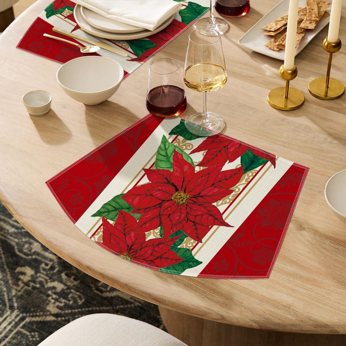 imageArtoid Mode Watercolor Poinsettia Red Christmas Round Placemats Set of 4 15 Inch Winter Xmas Holiday Round Table Mats for Dining DecorationRed