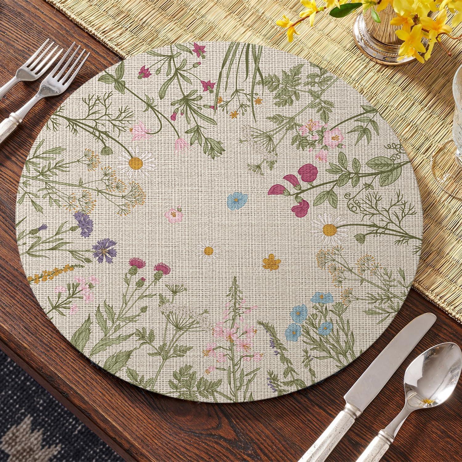 imageArtoid Mode Wildflower Vinyl Placemats Set of 4 Washable NonSlip Plastic PVC Table Mats for Spring Party Kitchen Dining Decor 12x18 InchBeige