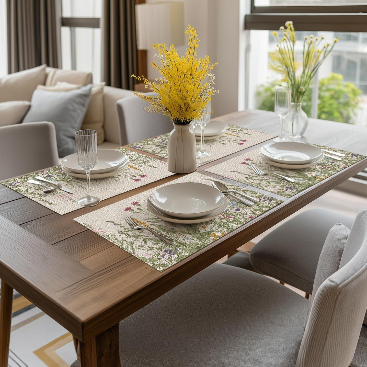 imageArtoid Mode Wildflower Vinyl Placemats Set of 4 Washable NonSlip Plastic PVC Table Mats for Spring Party Kitchen Dining Decor 12x18 InchBeige