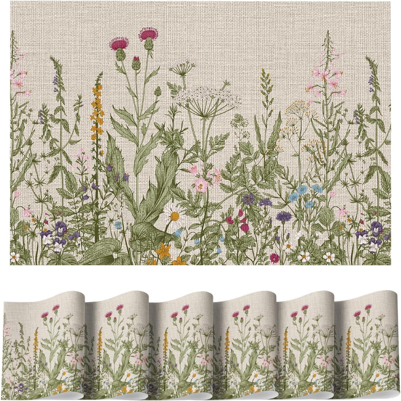 imageArtoid Mode Wildflower Vinyl Placemats Set of 4 Washable NonSlip Plastic PVC Table Mats for Spring Party Kitchen Dining Decor 12x18 InchBeige