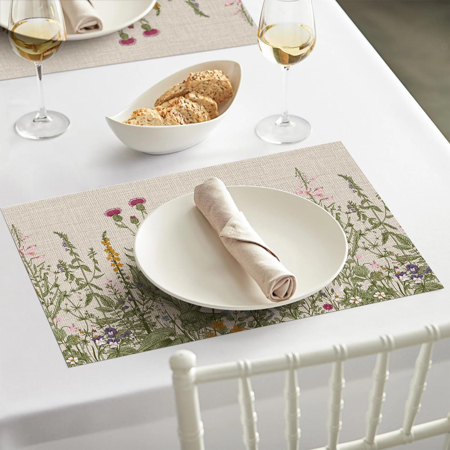 imageArtoid Mode Wildflower Vinyl Placemats Set of 4 Washable NonSlip Plastic PVC Table Mats for Spring Party Kitchen Dining Decor 12x18 InchBeige