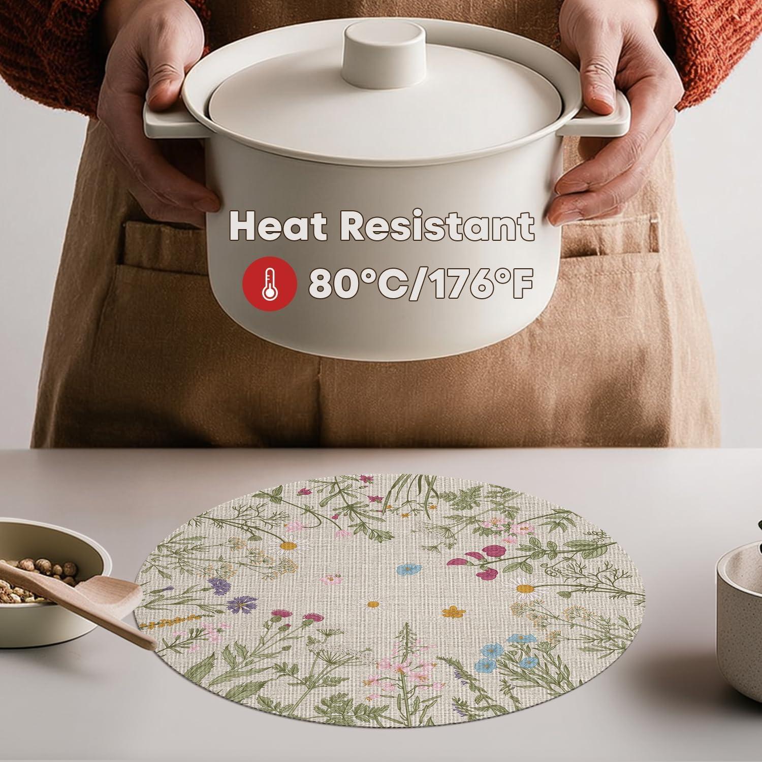 imageArtoid Mode Wildflower Vinyl Placemats Set of 4 Washable NonSlip Plastic PVC Table Mats for Spring Party Kitchen Dining Decor 12x18 InchBeige