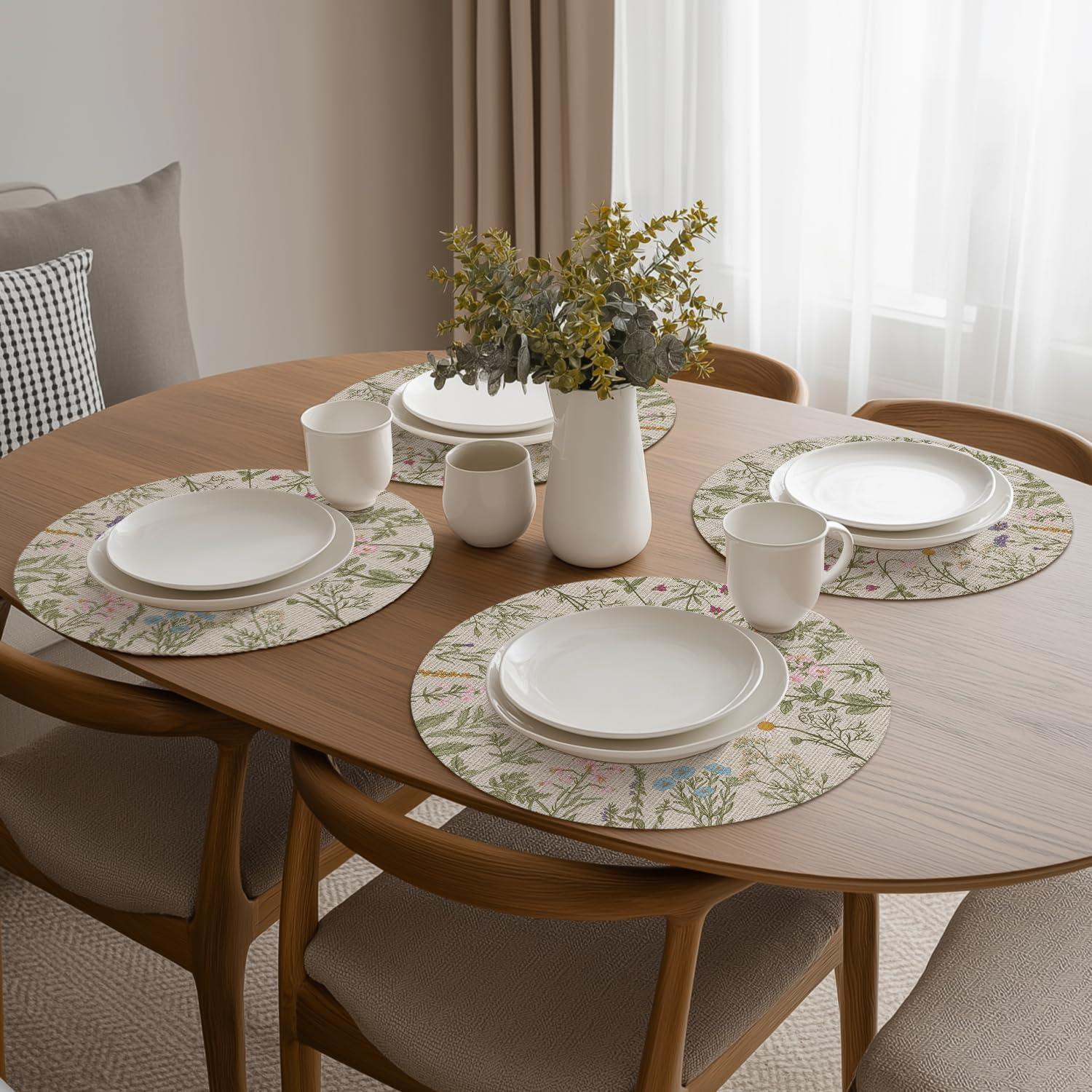 imageArtoid Mode Wildflower Vinyl Placemats Set of 4 Washable NonSlip Plastic PVC Table Mats for Spring Party Kitchen Dining Decor 12x18 InchBeige