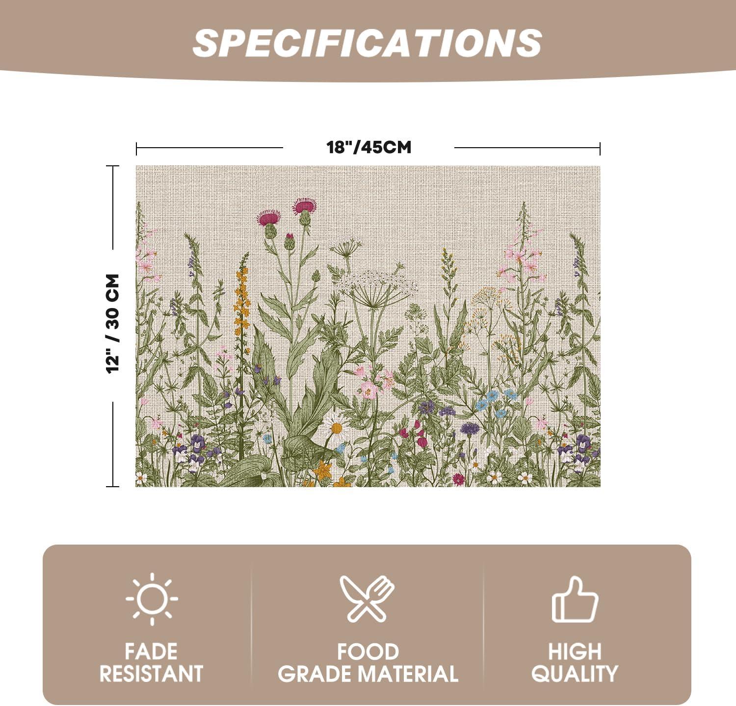 imageArtoid Mode Wildflower Vinyl Placemats Set of 4 Washable NonSlip Plastic PVC Table Mats for Spring Party Kitchen Dining Decor 12x18 InchBeige