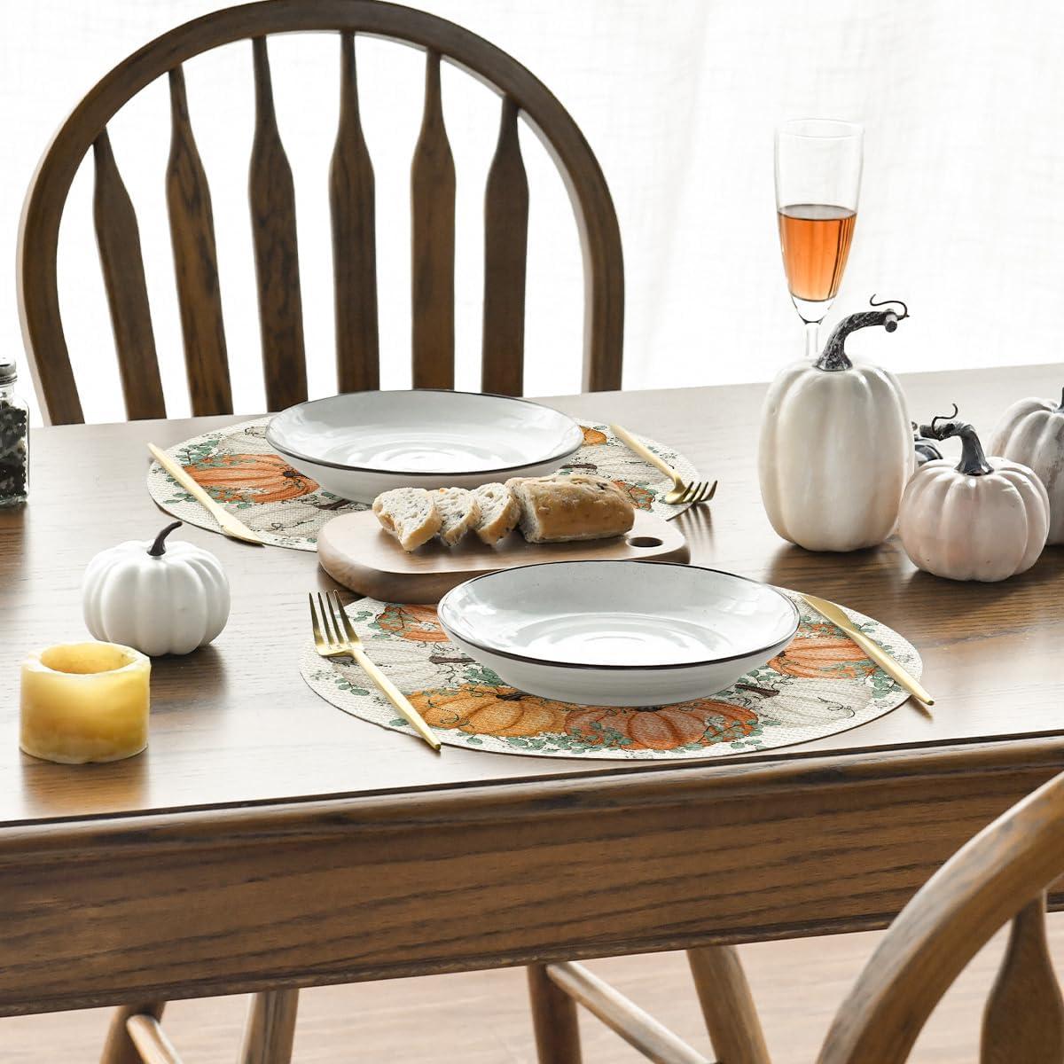 imageArtoid Mode Wood Pumpkins Fall Round Placemats Set of 414 Inch Seasonal Round Place Mats for Party Dining DecorationBeigeOrange