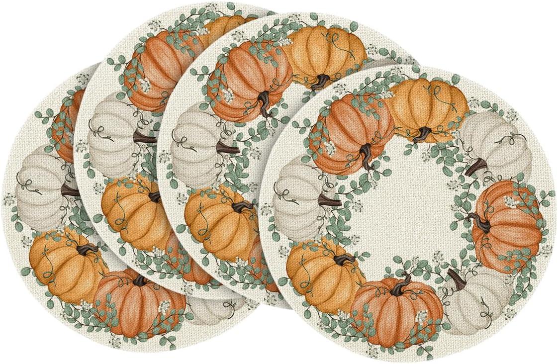 imageArtoid Mode Wood Pumpkins Fall Round Placemats Set of 414 Inch Seasonal Round Place Mats for Party Dining DecorationBeigeOrange