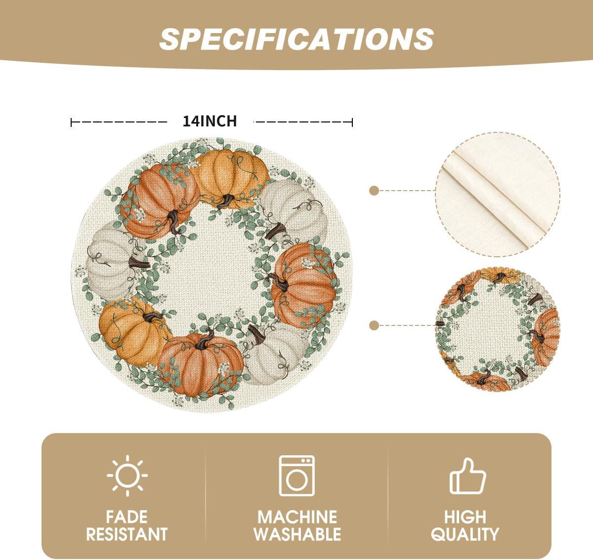 imageArtoid Mode Wood Pumpkins Fall Round Placemats Set of 414 Inch Seasonal Round Place Mats for Party Dining DecorationBeigeOrange