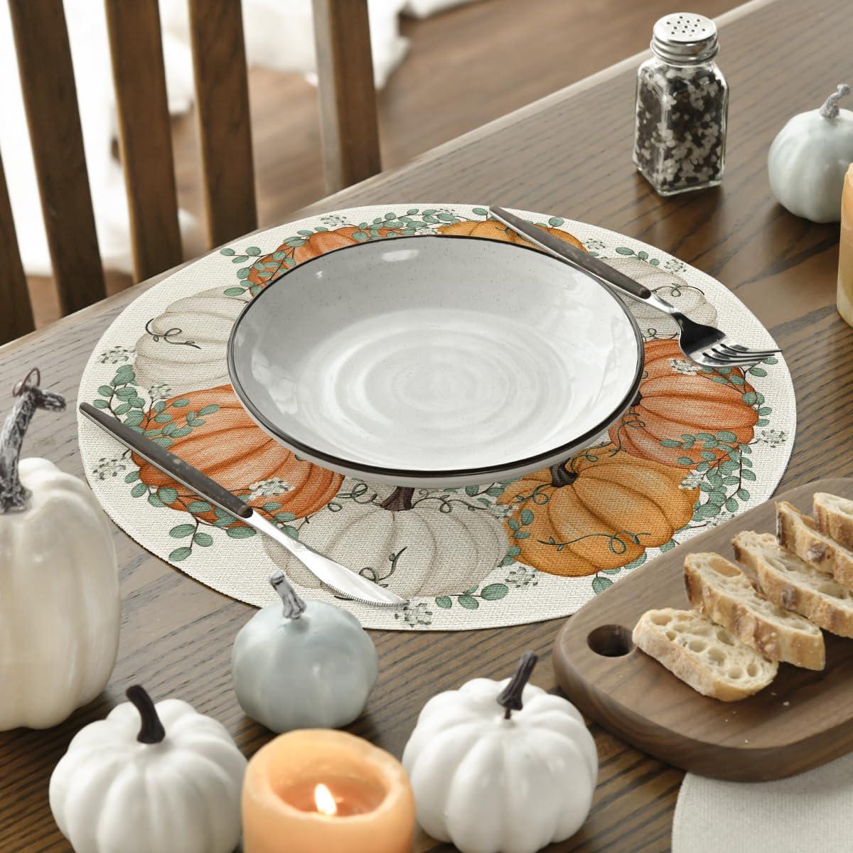 imageArtoid Mode Wood Pumpkins Fall Round Placemats Set of 414 Inch Seasonal Round Place Mats for Party Dining DecorationBeigeOrange