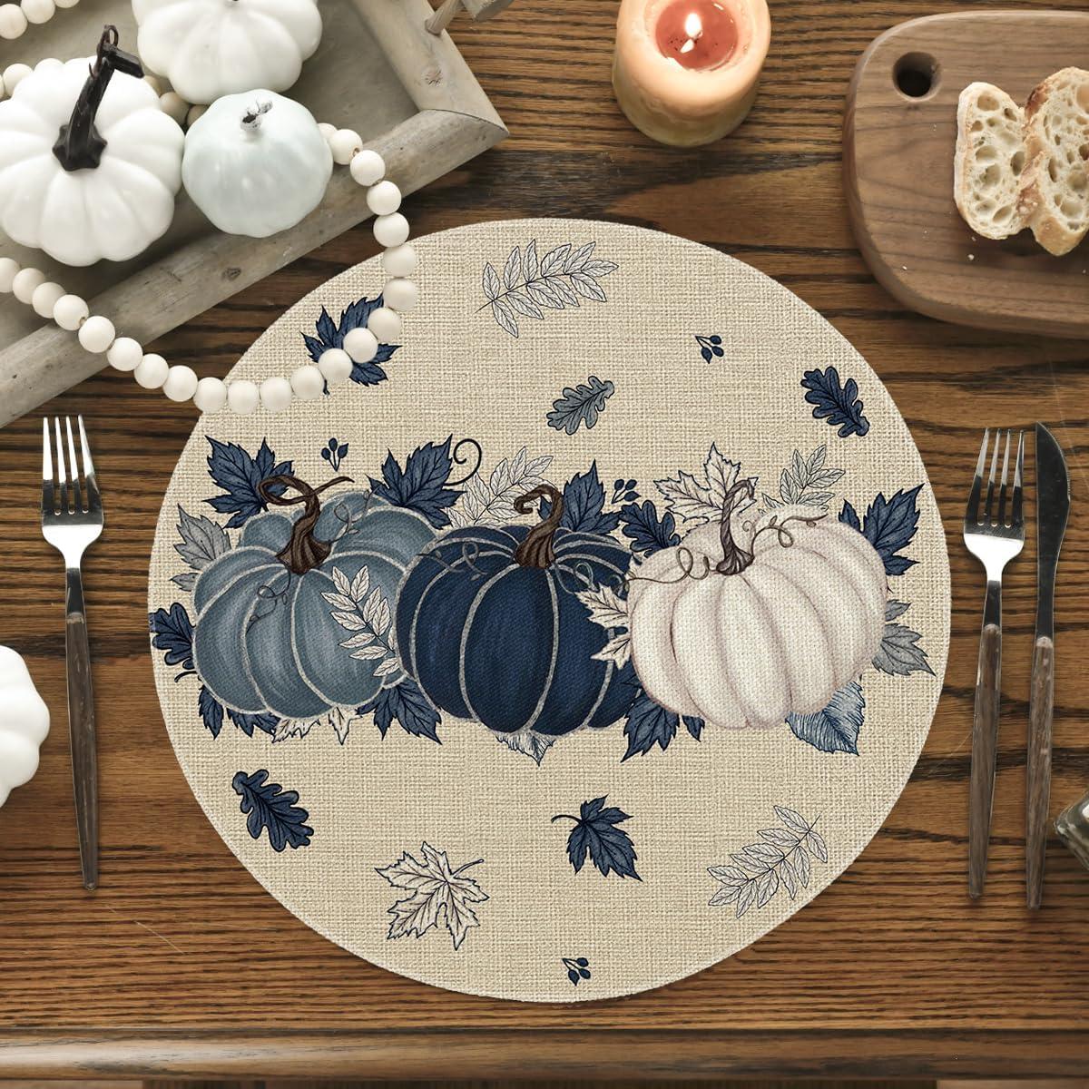 imageArtoid Mode Wood Pumpkins Fall Round Placemats Set of 414 Inch Seasonal Round Place Mats for Party Dining DecorationNavy Blue