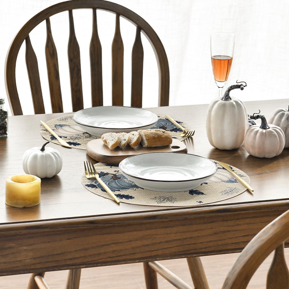 imageArtoid Mode Wood Pumpkins Fall Round Placemats Set of 414 Inch Seasonal Round Place Mats for Party Dining DecorationNavy Blue