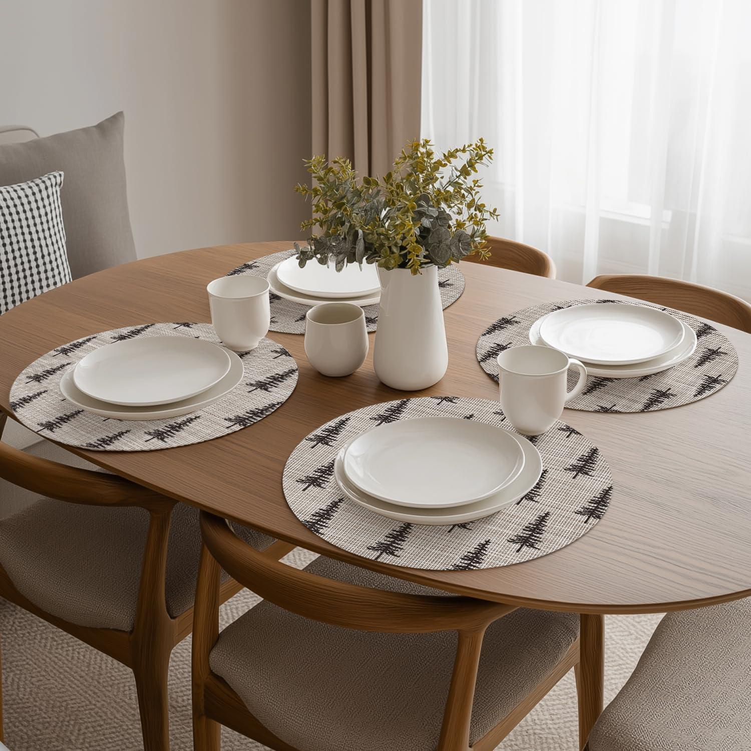 imageArtoid Mode Xmas Tree Christmas Vinyl Placemats Set of 4 12x18 Inch Wipeable Winter PVC Woven Table Mats for Party Kitchen Dining DecorBeige