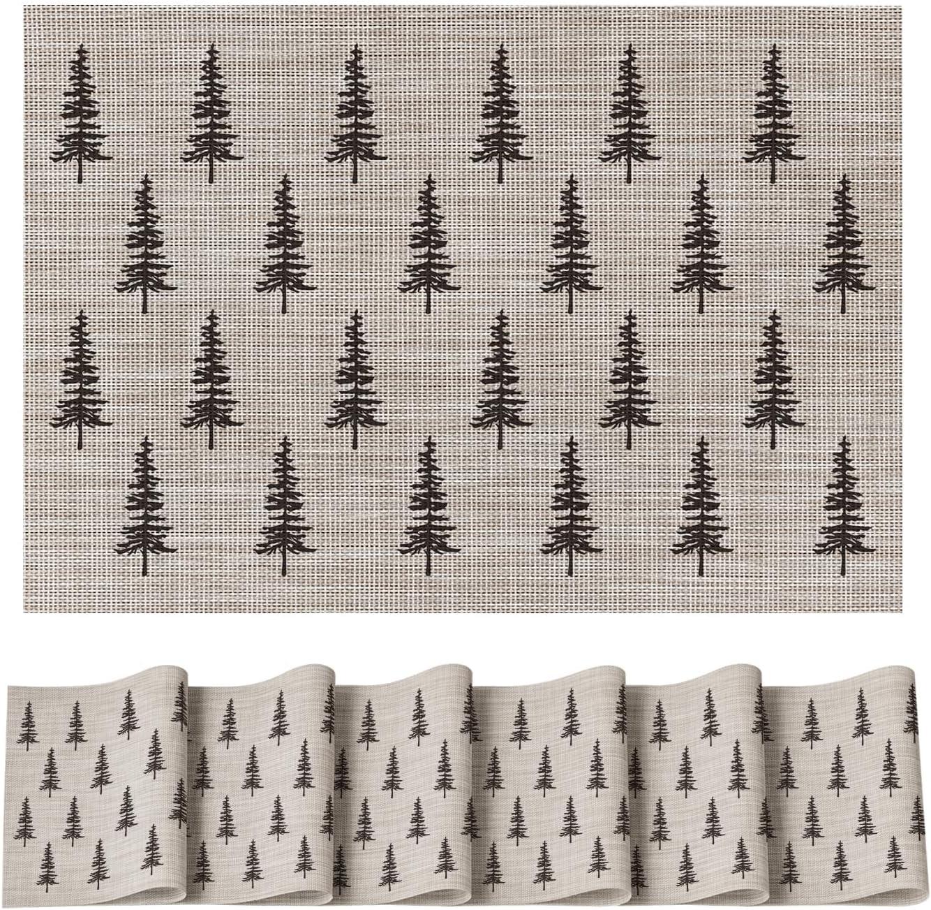 imageArtoid Mode Xmas Tree Christmas Vinyl Placemats Set of 4 12x18 Inch Wipeable Winter PVC Woven Table Mats for Party Kitchen Dining DecorBeige