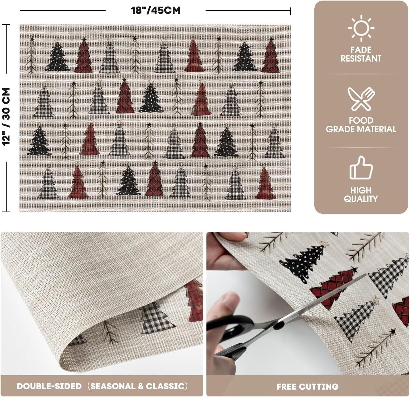 imageArtoid Mode Xmas Tree Christmas Vinyl Placemats Set of 4 12x18 Inch Wipeable Winter PVC Woven Table Mats for Party Kitchen Dining DecorBeigeRed